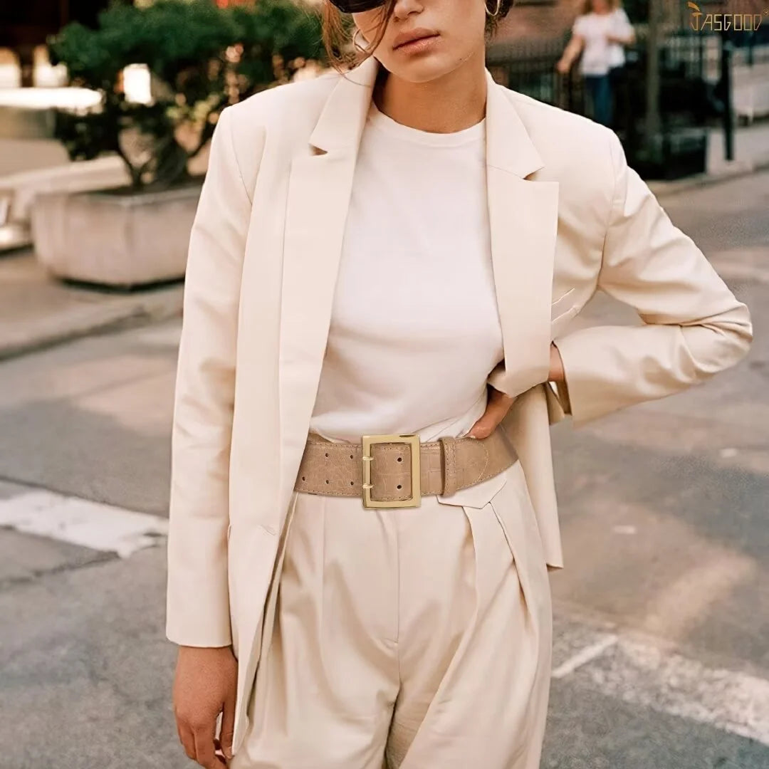 Women Wide Leather Belt for Jeans Dress Ladies Waist Belt with Gold Buckle